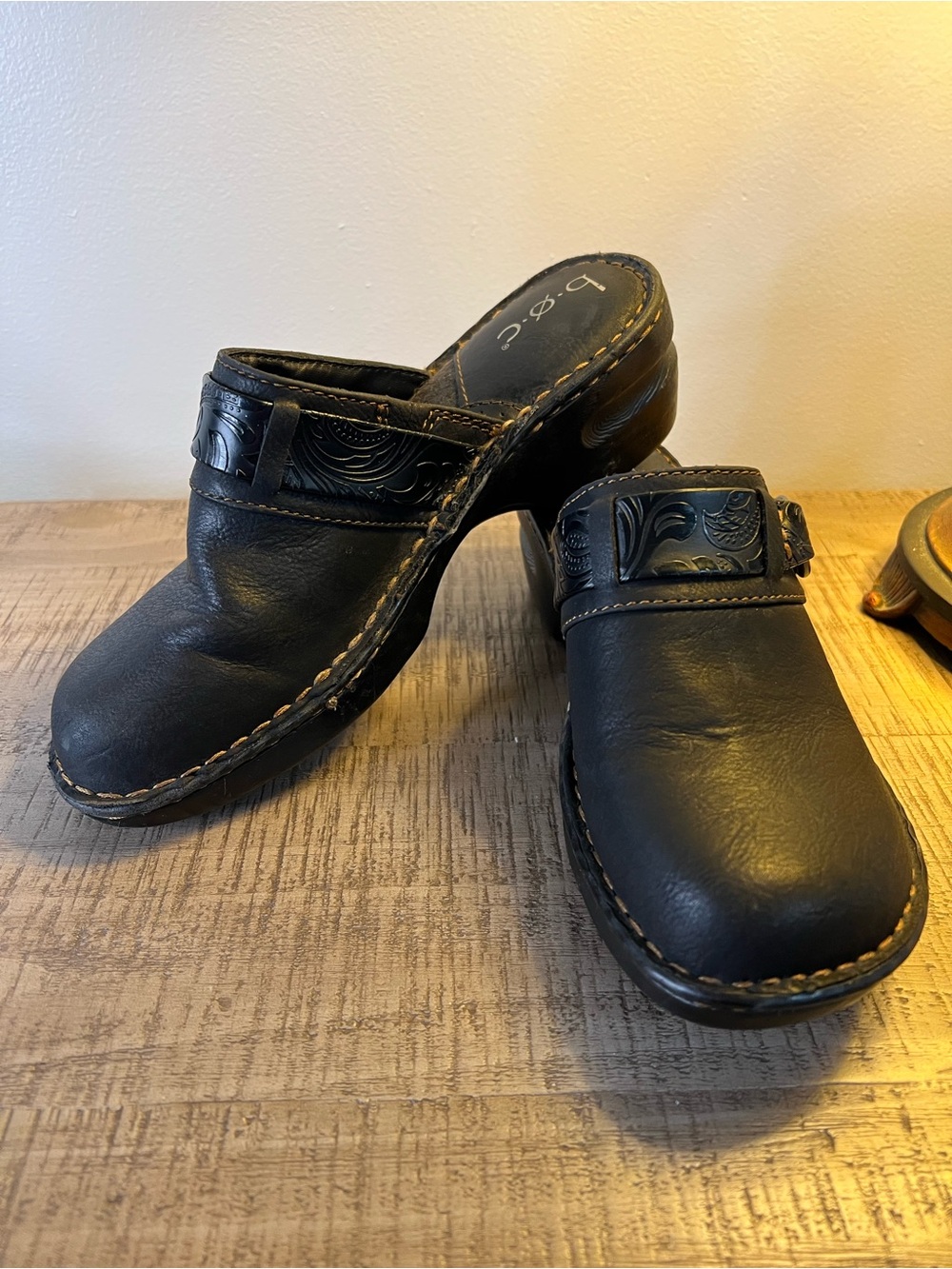 b.o.c. Black Slip-On Clogs with Embossed Strap. Size 8